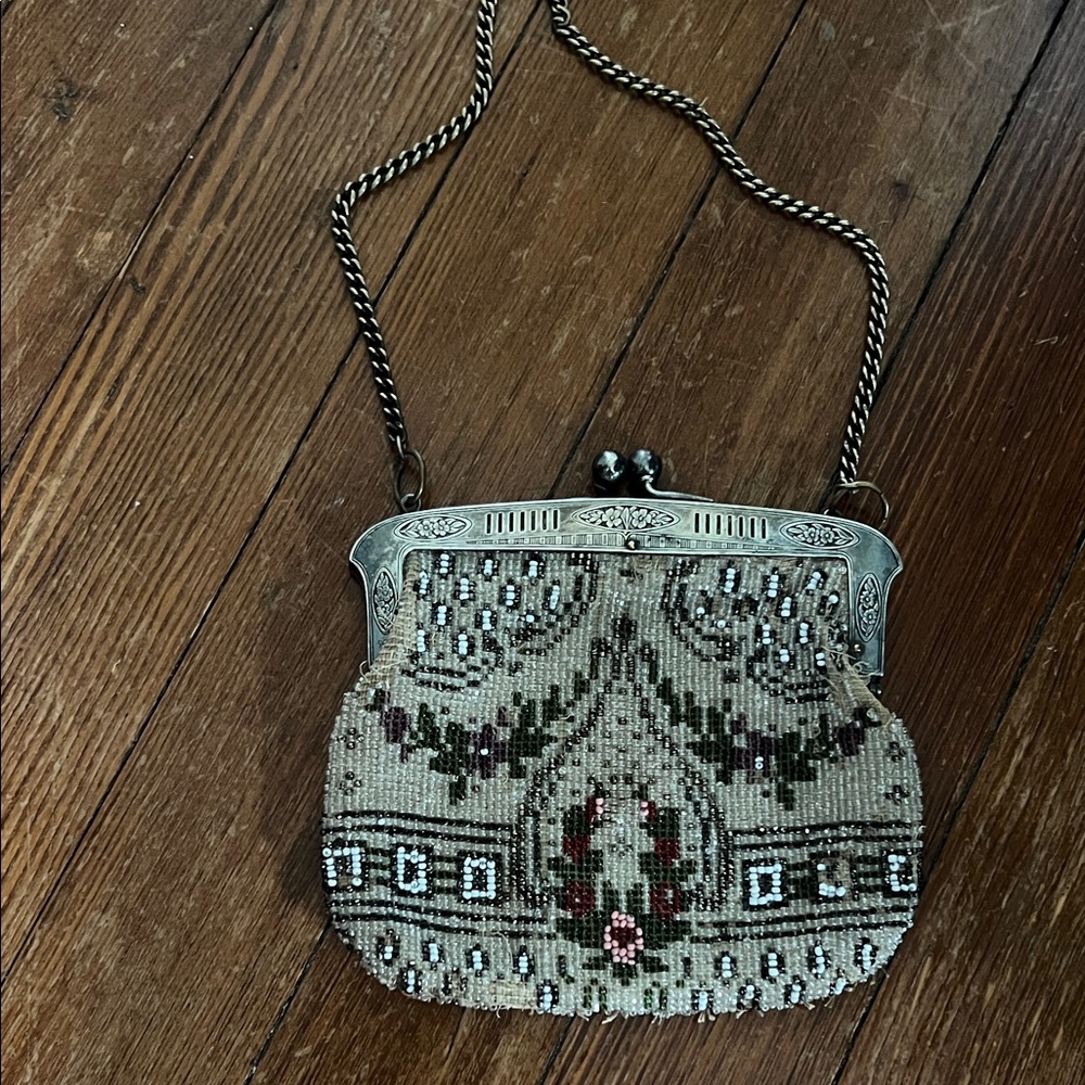 Vintage Beaded Handbag  genuine silver with Chain Strap